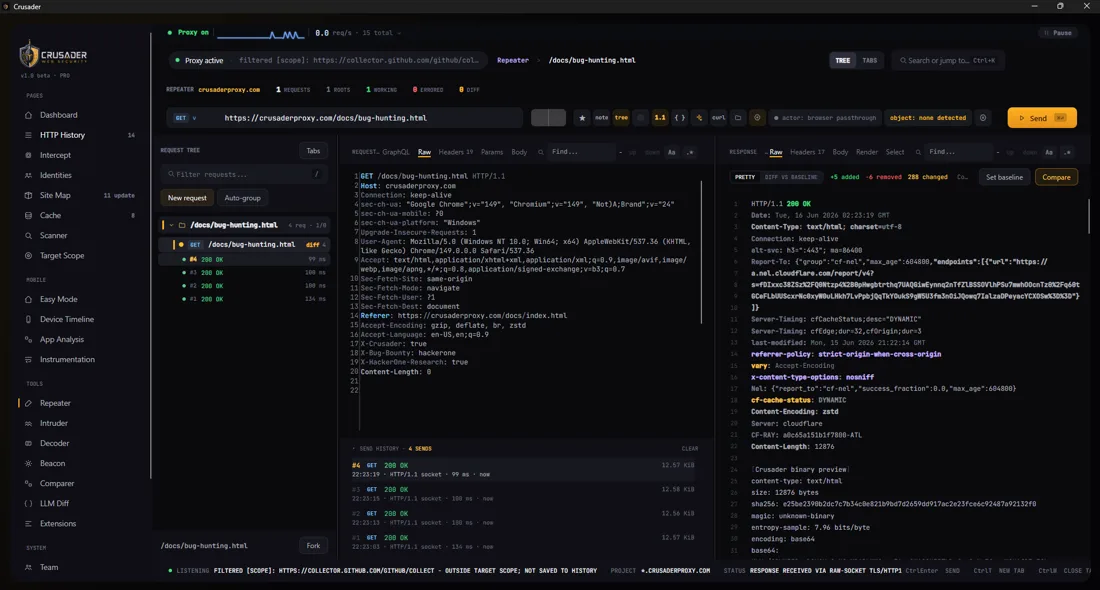 Crusader request tree, baseline diff, and binary response analysis