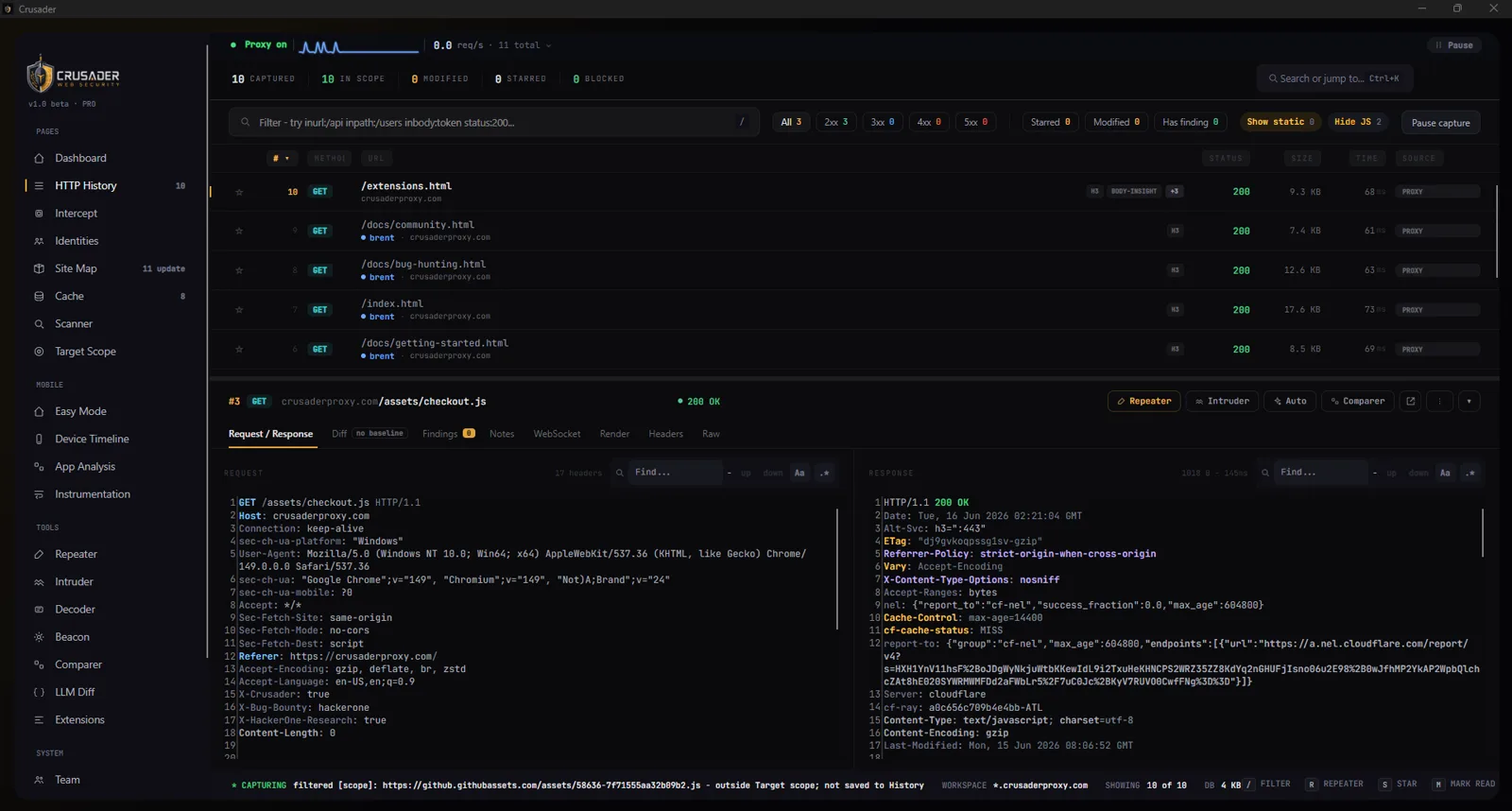 Crusader HTTP History — captured requests with request and response side by side