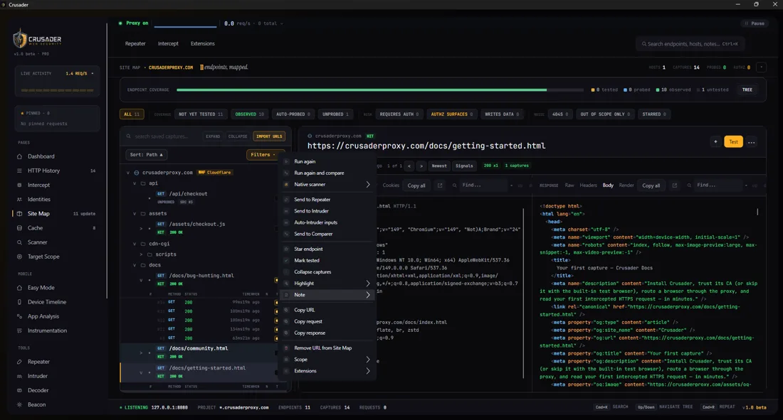 Crusader Site Map showing endpoint coverage and one-click send-to actions